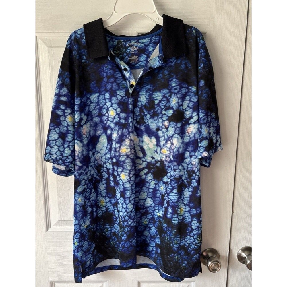 Reel Legends Polo Shirt Mens L Blue Green Palm Print Performance Fishin